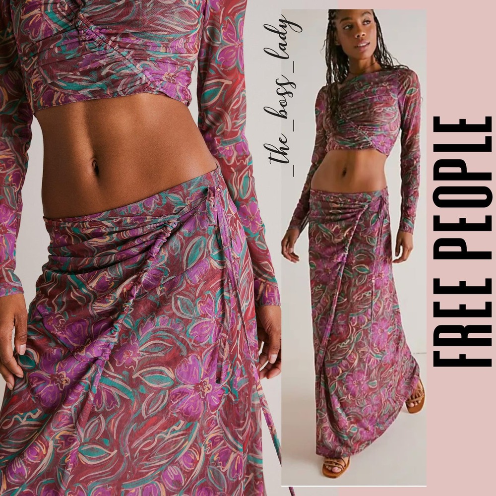 Free People set skirt and top summer spring floral boho mesh maxi